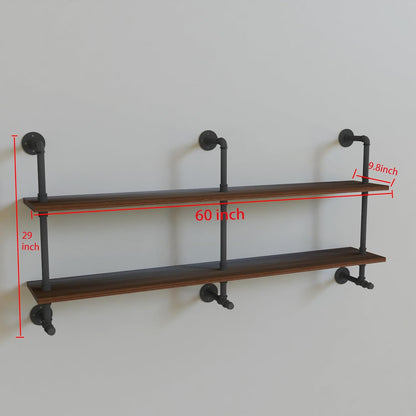 Industrial Pipe Wall Shelves Pipe Shelving with Real Wood Plank,60 Inches Floating Shelves for Wall Farmhouse Pipe Book Shelves Dark Brown 2 Tier for