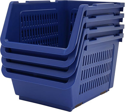 4-Pack Stackable Storage Baskets with 2 Wheels, Large Capacity 38.58 lbs Stackable Storage Bins Open Front, Space Saving Home Organization for Kitchen Bedroom Office (Blue, 9.5*13.4*29.9 in)
