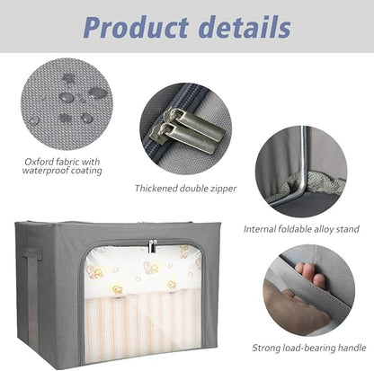 Stackable Clothes Storage Box for Clothing Gadgets,Steel Frame Storage Bins for Toys Gift,Foldable Oxford Fabric Closet Organizer Bag Set with Carry Handles Clear Window (Large- 66L x3 Pack, Grey)