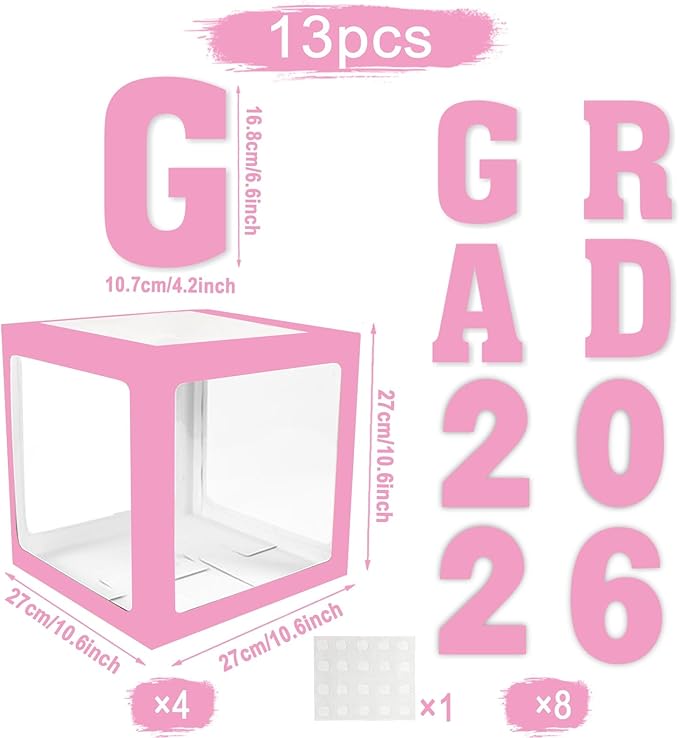 2026 Graduation Decorations - 4Pcs Pink Balloon Boxes with Letters 2026&Grad for Preschool Kindergarten Middle High School College Graduation Party Decorations Class of 2026