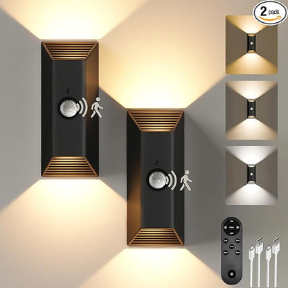 EZVALO Motion Sensor Wall Lights, 4000mAh Rechargeable Battery Operated Wall Sconces Set of 2, 3 Color Temps, Dimmable, Wireless Magnetic Night Light with Remote, Timer, for Hallway, Stair, Bedroom
