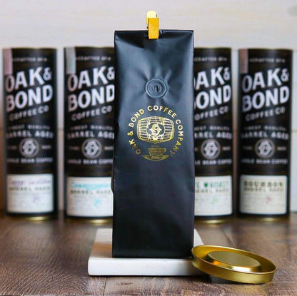 Rye Whiskey Barrel Aged Coffee, Costa Rica Single Origin Small Family Farm Whole Coffee Bean, Medium Roast w/Flavor Notes of Cocoa, Almond, Sweet Rye, Green Apple by Oak & Bond Coffee Co. – 10oz.