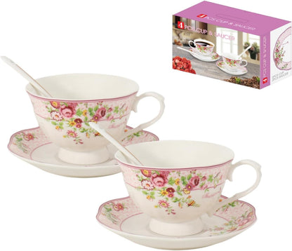 Cup and Saucer Sets of 2 with Spoon, 8oz Large Tea/Coffee Cups and Saucers New Bone China Floral Vintage Cup & Saucer Sets Porcelain Tea Latte Mugs