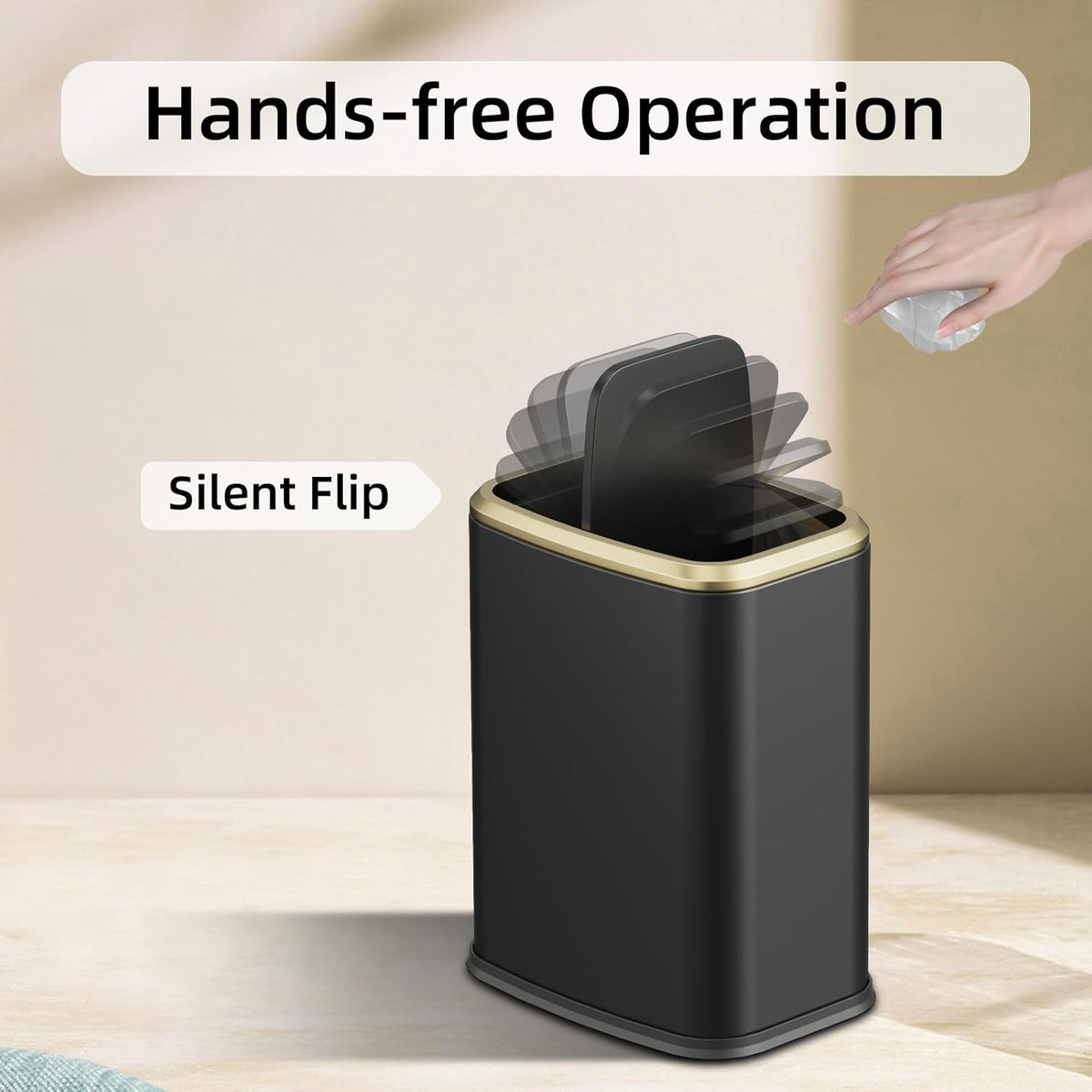 8L/2.1 Gallon Small Bathroom Trash Can with Lid, Swing-Top Rectangular Waste Bin, Stainless Steel Garbage Can for Home, Office, Toilet, Bedroom, Living-Room (Black)