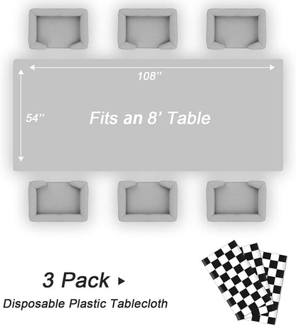 QIKSION Checkered Tablecloth Disposable 3 Pack, 54 x 108 Inch Black and White Checkered Flag Table Cloth for Race Car Decorations, Birthday Party Supplies, Rectangle, Plastic Table Cover