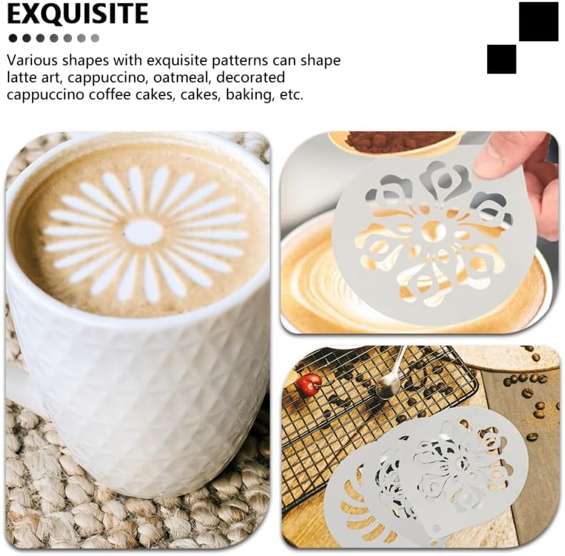 Doitool 6 Pcs Coffee Stencils Latte Art Stainless Steel Cappuccino Templates Coffee Templates for DIY Cupcake Mousse Hot Chocolate Milk Foam