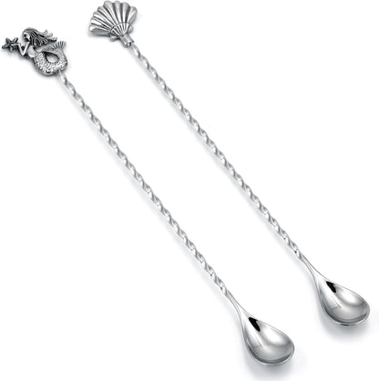Homestia 12 Inch Bar Spoon, 2 Pcs Cocktail Spoon wIth Mermaid Shell Decor | Dirty Soda Bar Supplies, Stainless Steel Coffee Bar Use, Mixing &amp; Layering Drink Stirrer, Long Spoon for Bartending Stirring