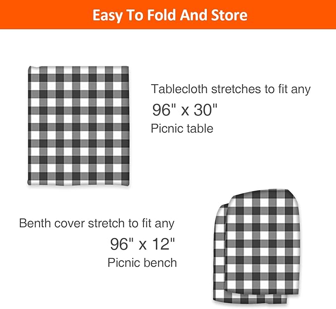 8ft Picnic Table and Bench Cover, Camping Essentials RV Gear, 96 in Waterproof Windproof Outdoor Elastic All Around Tablecloth, Fitted Rectangle Tables and Seats, Black-White Checkered