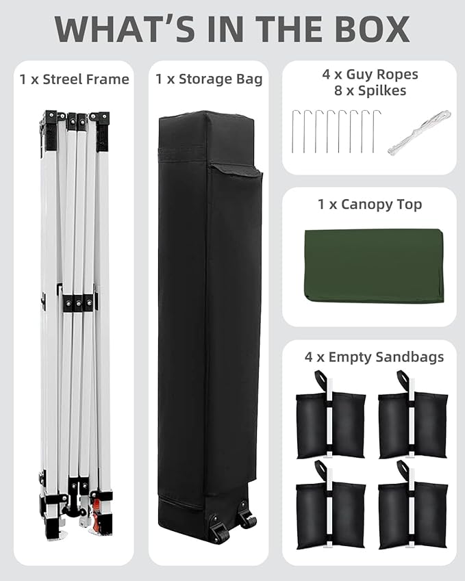 10x10 Pop Up Canopy with One Button Push Setup - Heavy Duty Outdoor Canopy Tent with Portable Roller Bag - 3 Adjustable Height, 4 Weight Bags, 8 Stakes & 4 Guy Ropes Included, Green