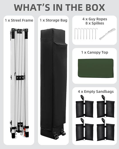 10x10 Pop Up Canopy with One Button Push Setup - Heavy Duty Outdoor Canopy Tent with Portable Roller Bag - 3 Adjustable Height, 4 Weight Bags, 8 Stakes & 4 Guy Ropes Included, Green