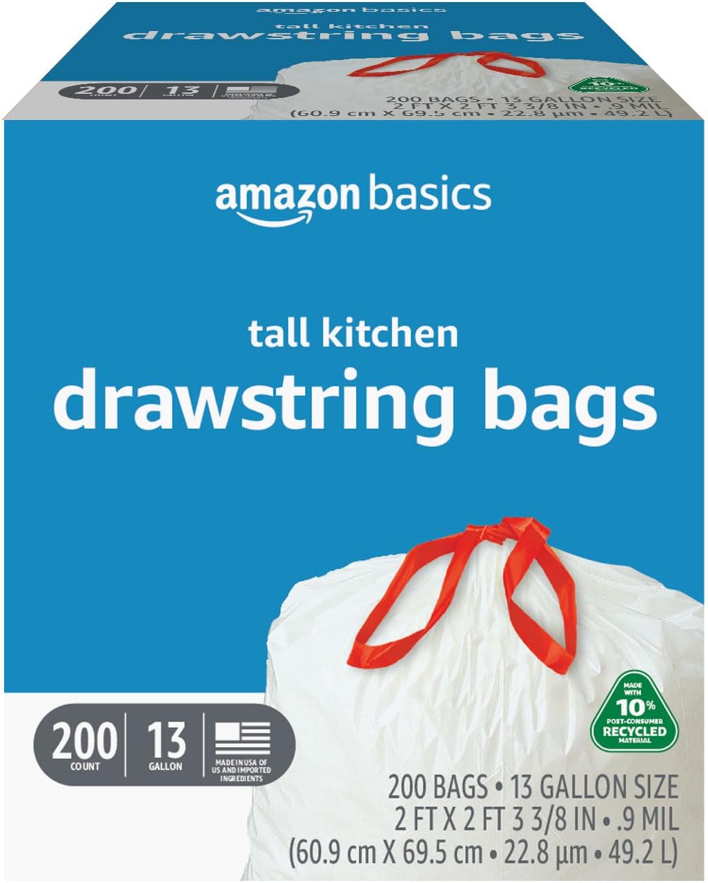 Amazon Basics 13 Gallon Tall Kitchen Drawstring Trash Bags, Unscented, 10% Post Consumer Recycled, 200 Count