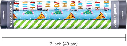 WRAPAHOLIC Mini Birthday Wrapping Paper Rolls - 3 Rolls, 17 Inch X 120 Inch Each - Happy Birthday Lettering and Stripe for Kids, Baby Shower
