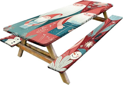 Picnic Table Cover with Bench Covers Set of 3, Elastic Fitted Tablecloth for 6 Foot Tables, Washable Polyester Tablecloths for Camping, Indoor & Outdoor