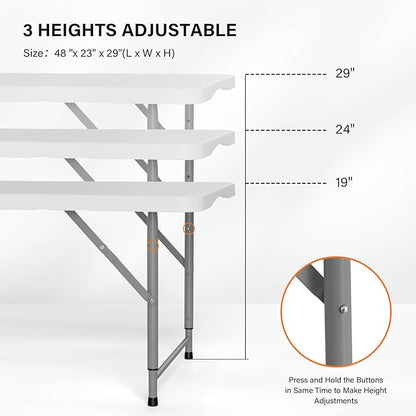 VINGLI 4 FT Plastic Folding Camping Table,3-Level Adjustable Height, Portable in/Outdoor Party Picnic Dining Desk, Garden Soccer Multipurpose Entertaining Activities，White