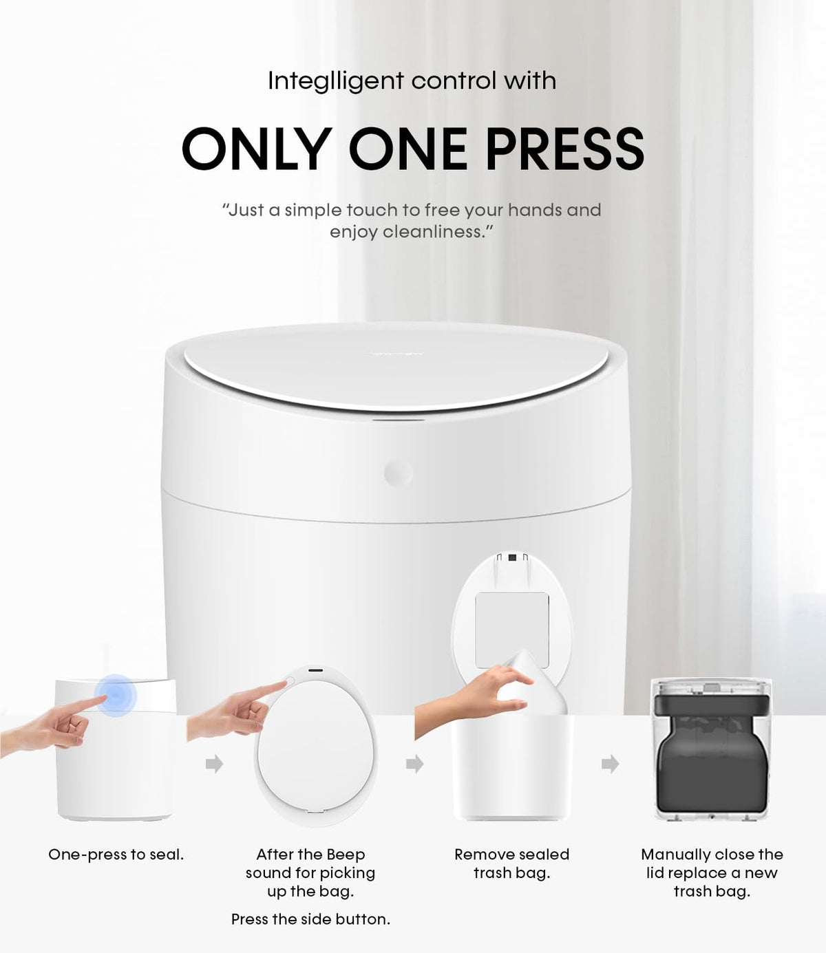 TOWNEW T AIR ONE Smart Trash Can, 2.6 Gallon Automatic Garbage Can with Self-Sealing and Self-Changing, Motion Sense Activated Rechargeable Trashcan for Living Room Bedroom Workshop Kitchen, White