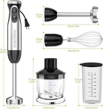 Bonsenkitchen Immersion Blender with Food Processor, 20 Speeds &amp; Turbo Mode | 4-in-1 Emulsion Hand Blender, Egg Whisk, 24 oz Beaker &amp; Chopper Bowl, Portable Hand Mixer for Smoothie, Soup, Baby Food