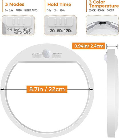 slochi 2Pack Motion Sensor Light Indoor Wired, 8.7 Inch 3000K/4000K/6500K Closet Lights Motion Sensored, 18W 1800LM Flush Mount Ceiling Light for Hallway Pantry Stairwell Porch, White