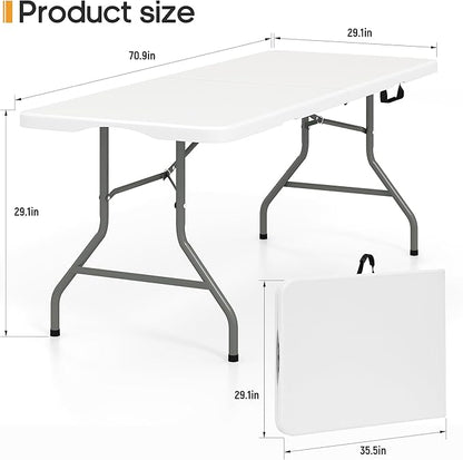 6ft Folding Table Heavy Duty 350 LBS Capacity Foldable Table with 18% Thicker HDPE Waterproof Top & Reinforced Steel Frame, Portable Fold-in-Half Table for Outdoor Indoor Party Wedding Camping
