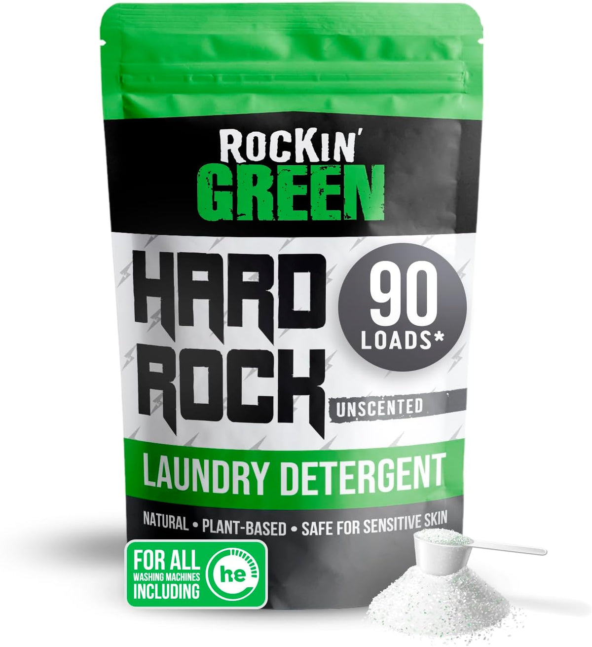 Rockin' Green Hard Rock Laundry Detergent for Hard Water (90 Loads), Plant based, Natural Laundry Detergent Powder, Biodegradable Odor Fighter, Safe for Sensitive Skin, 45 oz (Unscented)