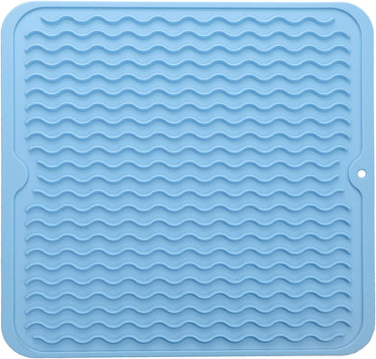 Silicone Dish Drying Mat for Multiple Usage,Easy clean,Eco-friendly,Heat-resistant Silicone Mat for Kitchen Counter or Sink,Refrigerator or Drawer liner Light Blue M 12 inches x 12 inches
