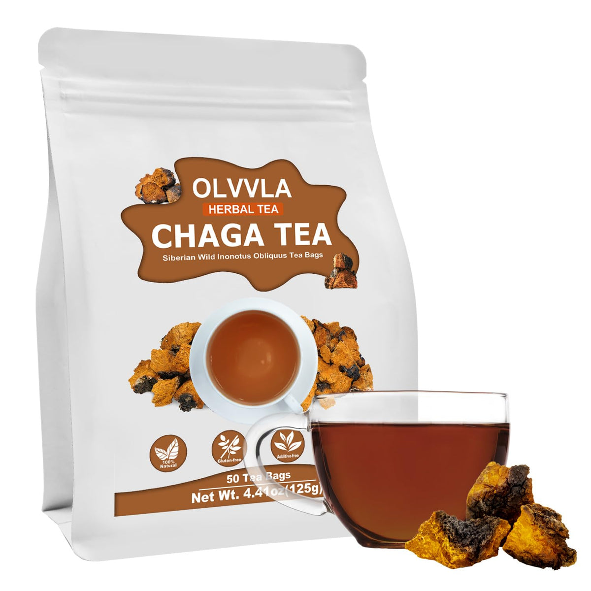 Olvvla - Chaga Tea Bags - 2.5g X 50 Count - 100% Wild Natural Chaga Mushroom Herbal Tea - Sourced from Siberia - Caffeine Free - Gluten-Free