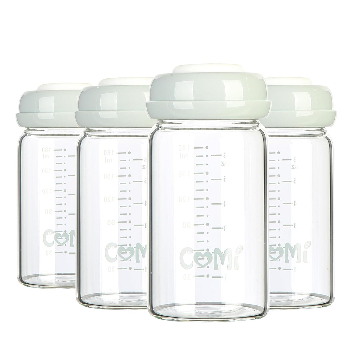 Comi Wide Neck Glass Breastmilk Collection n Storage Bottle, 4 Packs, 6oz with Screw Ring Sealing Disk; Re-markable Sealing Disc. BPA Free