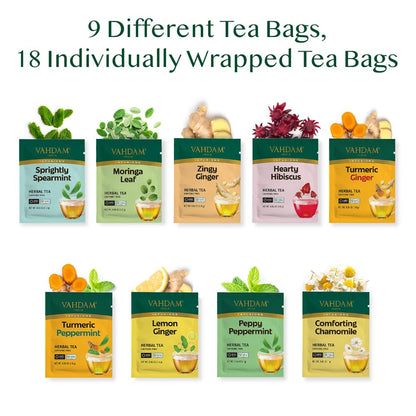 Vahdam, Assorted Herbal Tea Sampler (18 Tea Bags, 9 Flavors) Caffeine-Free, Non-GMO, Double Infusion, Individually Enveloped Tea Bags