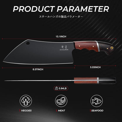 Meat Cleaver Knife 8inch - Black Butcher Knife for Meat Cutting, Japanese High Carbon Steel Vegetable Cleaver for Chopping