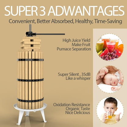 SQUEEZE master Fruit Press-7.9 Gallon/30L-Solid Wood Basket Wine Press-Vintage traditional juicer-6 Press Wooden Blocks-Pole Handle Bar for Juice,Wine,Cider-1 free filter bag included