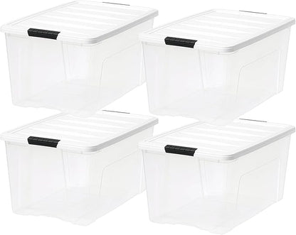 IRIS USA 72 Qt Stackable Plastic Storage Bins with Lids, 8 Pack - BPA-Free, Made in USA - See-Through Organizing Solution, Latches, Durable Nestable Containers, Secure Pull Handle - Clear/White