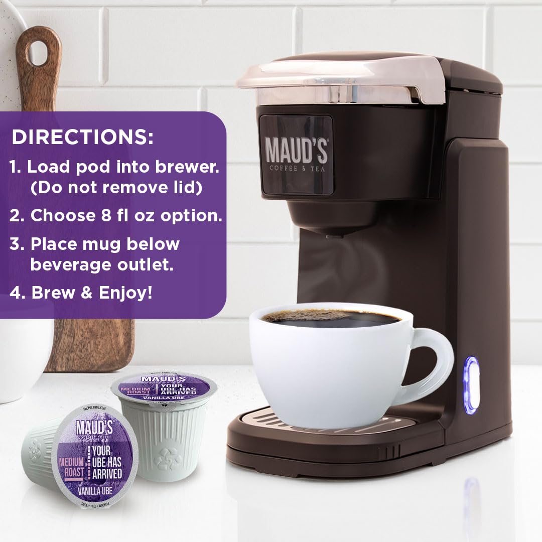 Maud's Vanilla Ube Flavored Coffee Pods, 18 ct, Medium Roast Flavored Coffee in Recyclable Single Serve Pods – 100% Arabica Beans