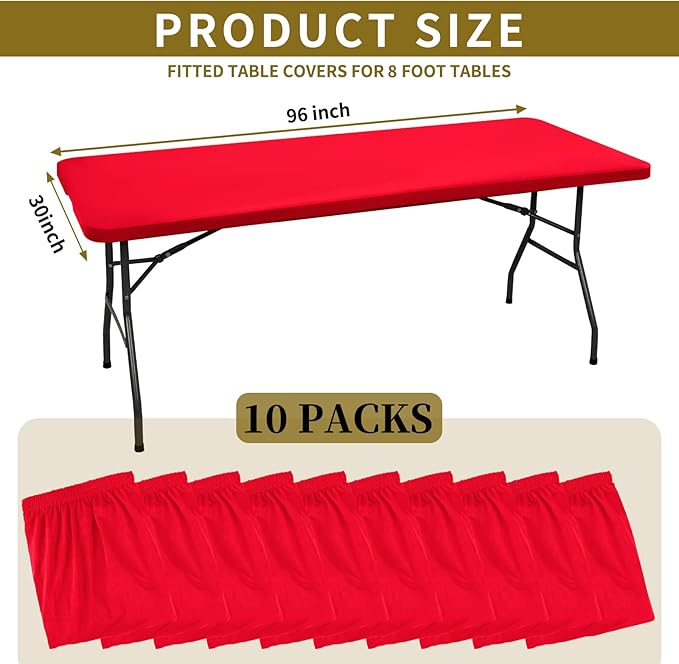 10 Pack Stretch Fabric Table Top Cap Cover, fits 8' Tables, Spandex Table Covers Washable Elastic Rectangle Tablecloth Protector for Indoor Outdoor Party Picnic Wedding, Red, 30" W x 96" L