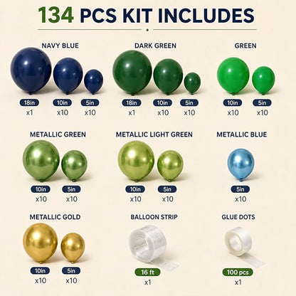 134Pcs Blue and Green Balloon Garland Kit, Navy Blue Dark Green Gold Balloon Arch Kit with Metallic Chrome Balloons, Dinosaur Helium Latex Balloons for Dino Jungle Safari Birthday Party Decorations