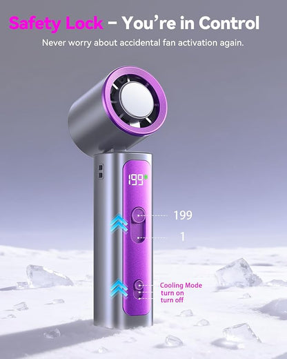 DRORION Portable Mini Fan with Ice Cooling Function, 199 Speed Adjustable Handheld Fan, Rechargeable Personal Fan with Digital Display, Quiet Desk Fan for Travel, Office, Outdoor, Summer,Grey