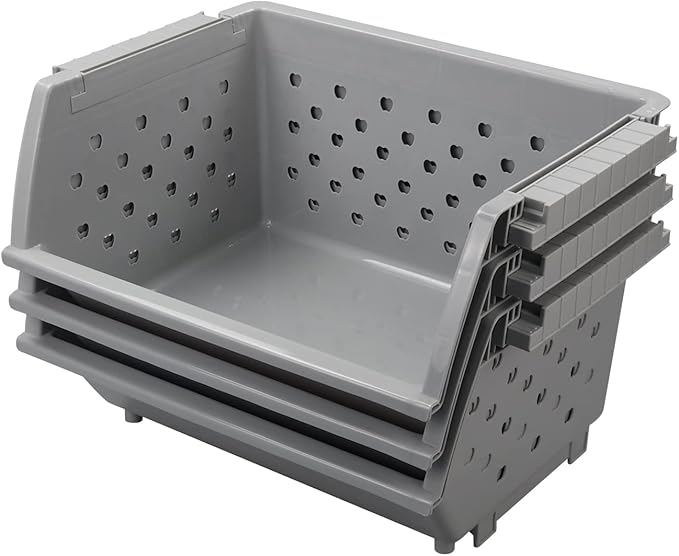 3-pack Stackable Storage Baskets, Plastic Stacking Organizer Bins