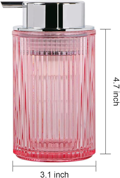 Foaming Soap Dispenser, 12 Oz Pink Glass Foam Hand Soap Dispenser, Refillable Lotion Soap Dispenser with Removable Pump for Kitchen Hand Wash Dispenser, Modern Slim Ribbed Bottle for Decor