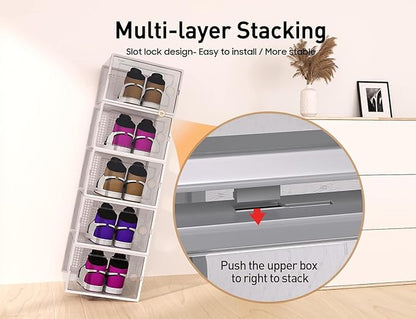 Kuject X-Large Shoe Storage Boxes Organizers Clear Plastic Stackable 12 Pack, Shoe Rack & Holder Substitute, Sneaker Containers, Toy Storage Organizer Bins for Entryway, Closet, Under Bed, Grey