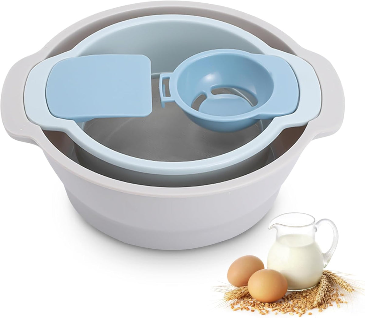 4-in-1 Baking Tools Set, Multifunctional Flour Sifter, Egg Separator, Mixing Bowl & Dough Scraper for Pastry & Cake Making
