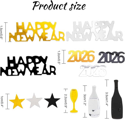HOWAF 2026 New Year Party Decoration Supplies, New Years Confetti Decoration- Black, Gold, Silver Wine Bottle Glitter Sequins Star Foil Confetti for Happy New Year Eve Decorations Table Scatters