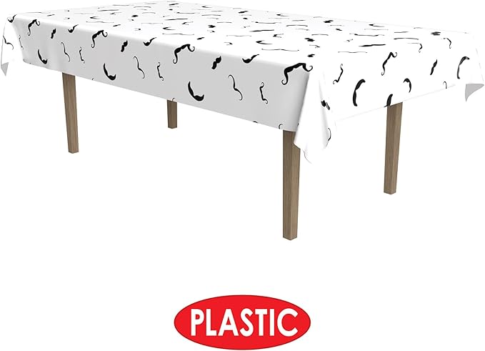 Beistle Moustache Tablecover, 54 by 108-Inch, White/Black, 54" x 108"