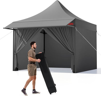 10x10 Pop Up Canopy Tent with Awning and Sidewalls, 550D Commercial Canopy, Waterproof Party Tent with Roller Bag, Grey