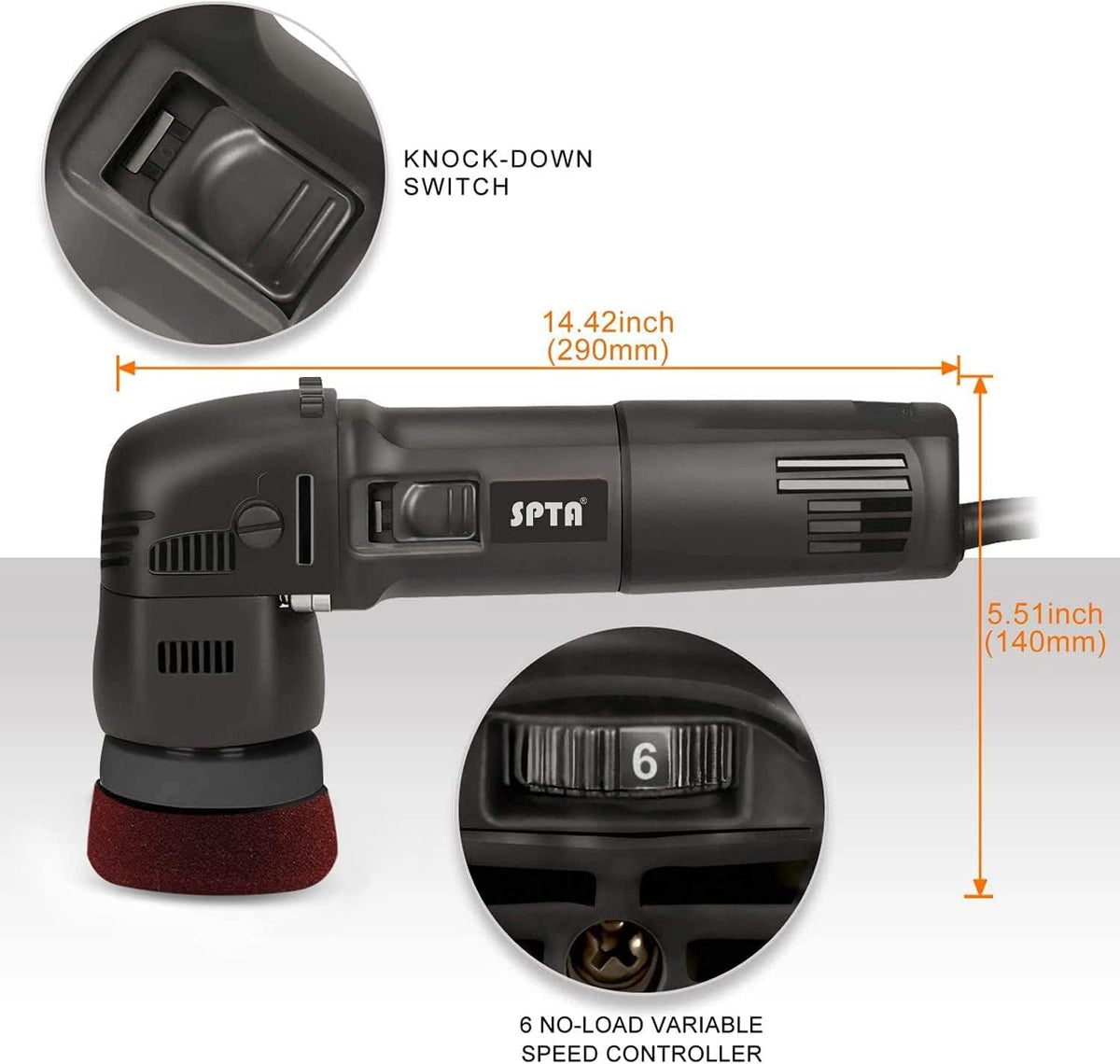 SPTA Mini Orbital Polisher - 3 Inch 10mm/780W Variable Speed Dual Action With Polishing Pads, Sanding Discs, Pad Conditioning Brush
