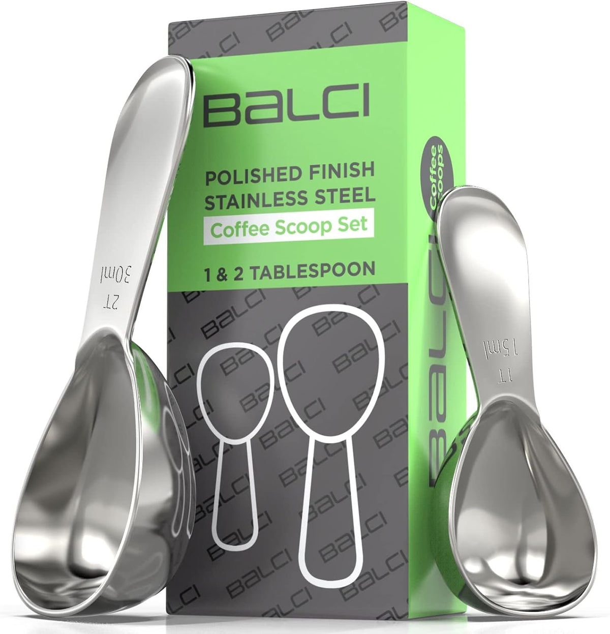 Balci - Stainless Steel Coffee Scoop Set (1&2 Tablespoon, 15ml and 30ml) Exact Measuring Spoons for Coffee, Tea, Sugar, Flour and More!