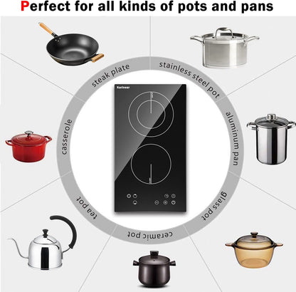 Karinear 2 Burner Electric Cooktop 12 Inch, Drop-in Electric Radiant Cooktop 220v - 240v with Child Safety Lock, Timer, Residual Heat Indicator, 3200W, Hard Wired, No Plug Electric Stove Top