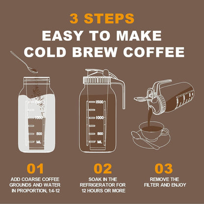 Cold Brew Coffee Maker Jar - 64oz Thick Glass Multipurpose Mason Pitcher Spout Lid with Handle & Stainless Steel Filter for Iced Coffee, Lemonade