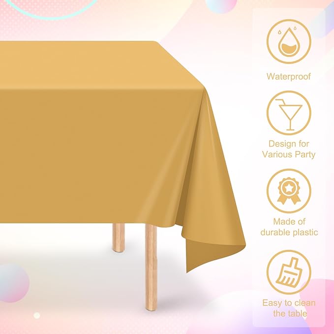 32 Pack Gold Plastic Tablecloth for Rectangle Tables, Premium Decorative Gold Disposable Table Cloths for Parties, Bulk Rectangle Party Table Cover for Birthday, Wedding, Anniversary, 54 x 108 Inch