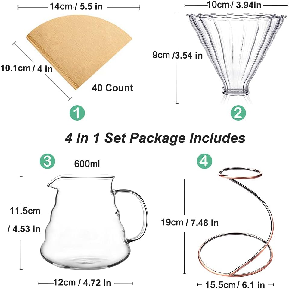 Pour Over Coffee Maker Set - Glass Dripper, Metal Stand, 600ml Heat-Resistant Server, 40 Filters - 4 in 1 for Home or Office (Bronze)