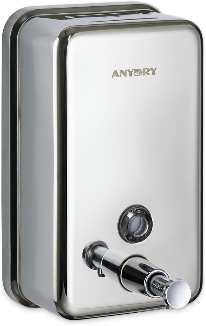 anydry Commercial Manual Soap Dispenser, Durable Polished Stainless Steel Finish, 37oz (1100ml) Liquid, Wall-Mounted for Bathroom & Kitchen