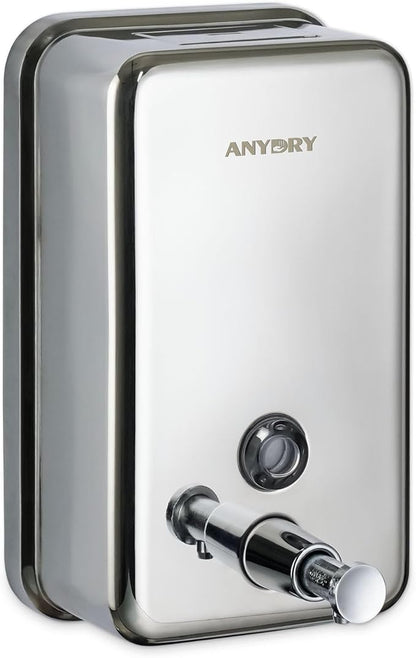 anydry Commercial Manual Soap Dispenser, Durable Polished Stainless Steel Finish, 37oz (1100ml) Liquid, Wall-Mounted for Bathroom & Kitchen