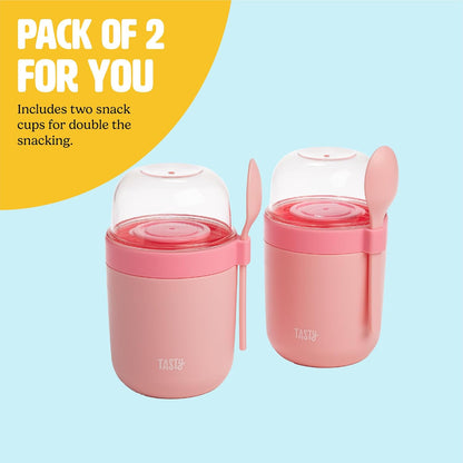 Tasty Travel Snack Cups with Spoons, On-The-Go Snacking, Divided Compartments, Great for Nuts, Cereal, Granola, Yogurt and More, Made Without BPA, 2-Pack, Pink